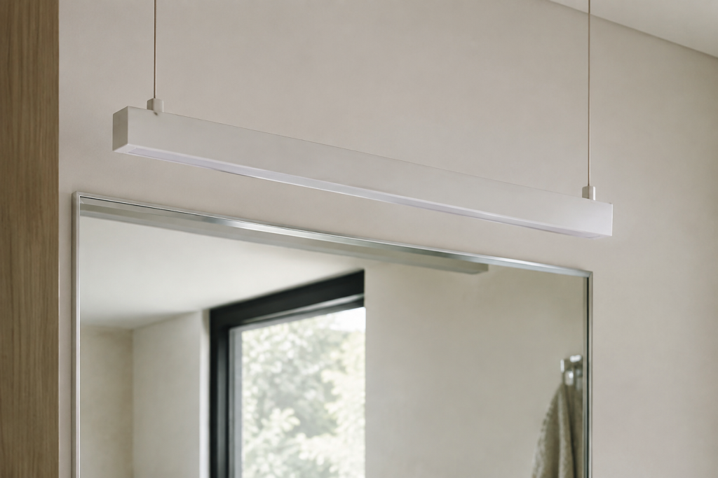 Applique blanche suspendue horizontalement au dessus miroir