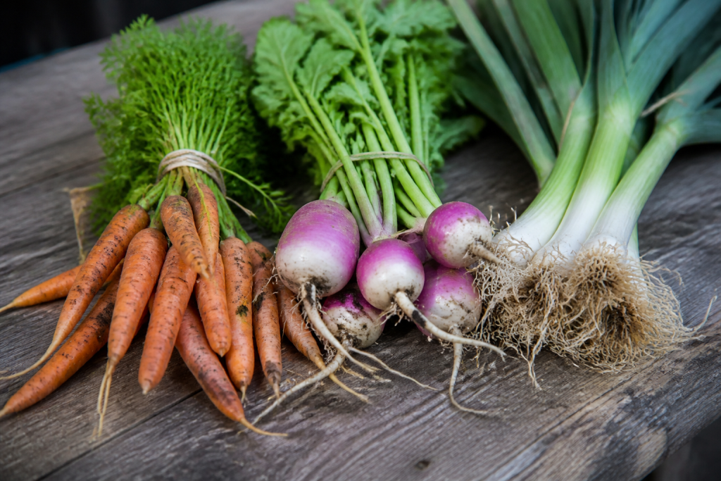 Carottes navets et poireaux en botte sur table