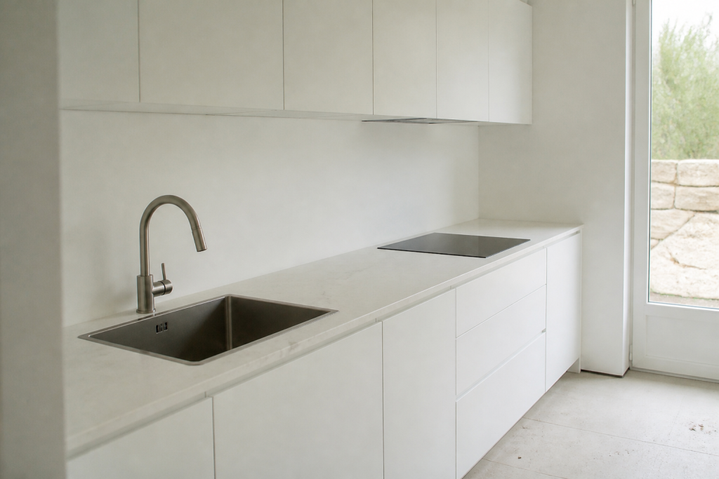 Cuisine lineaire blanche avec evier sur plan de travail