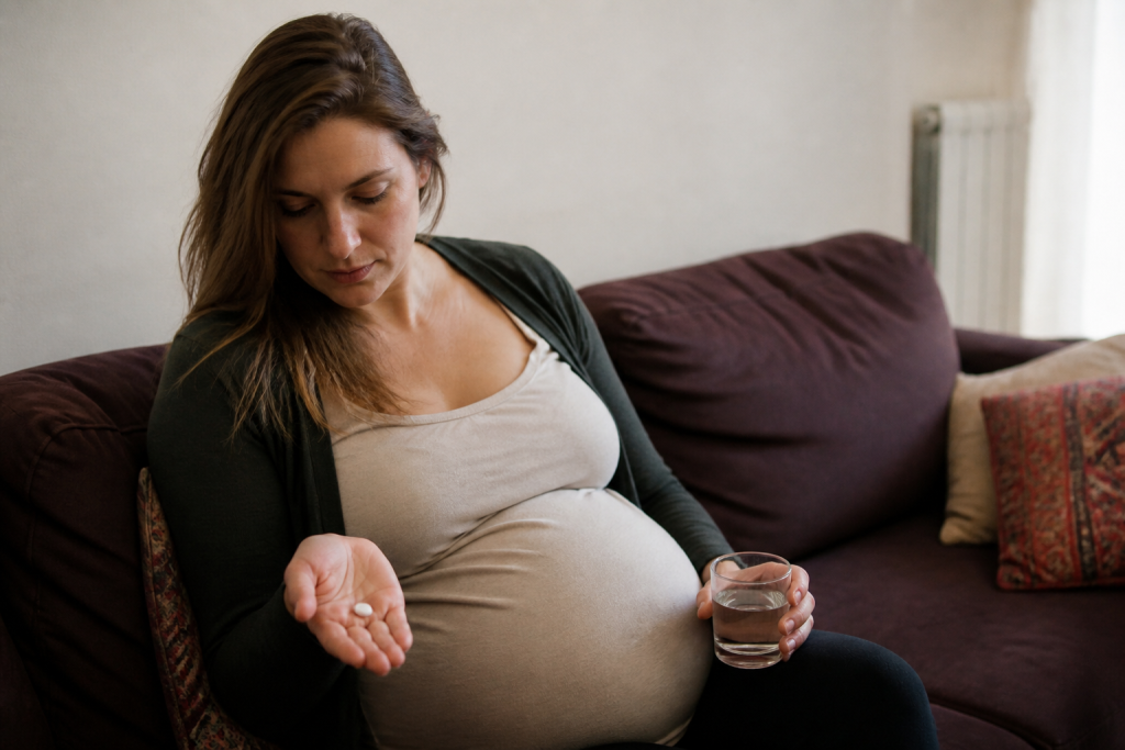 Femme enceinte tenant comprime blanc dans main