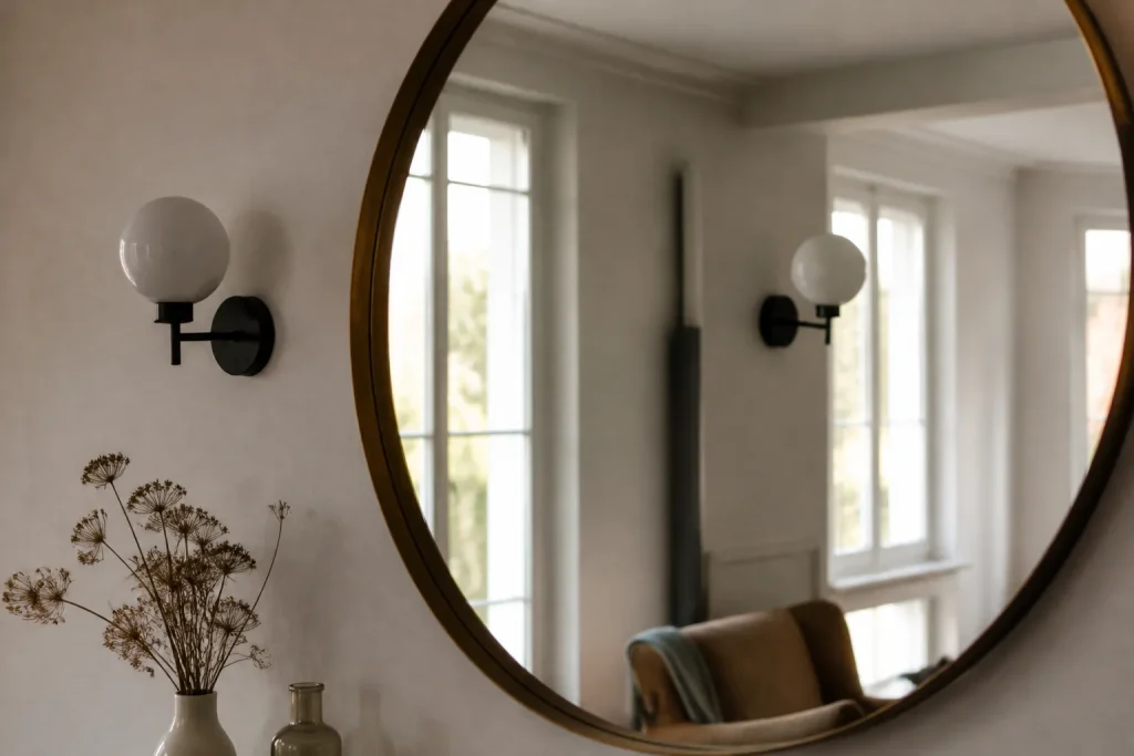 Grand miroir rond face a une applique murale