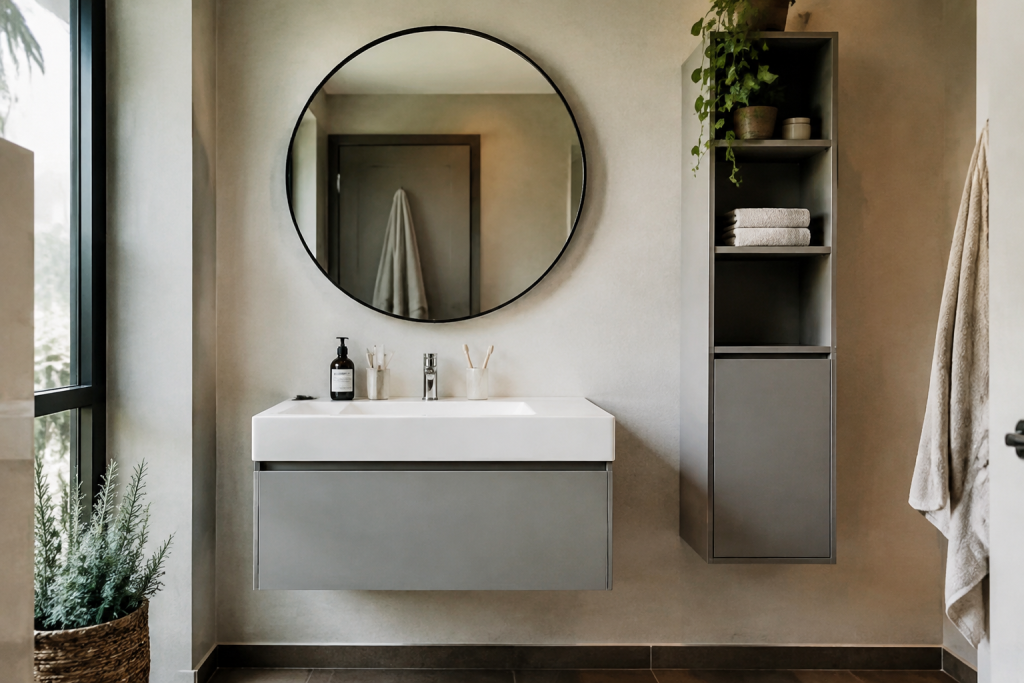 Lavabo suspendu sous miroir rond et rangement mural