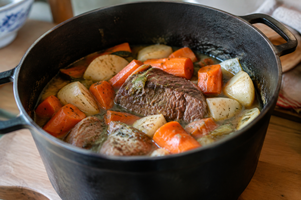 Legumes carottes navets et viande dans marmite