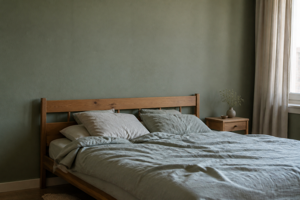 Lit en bois devant un mur vert sauge