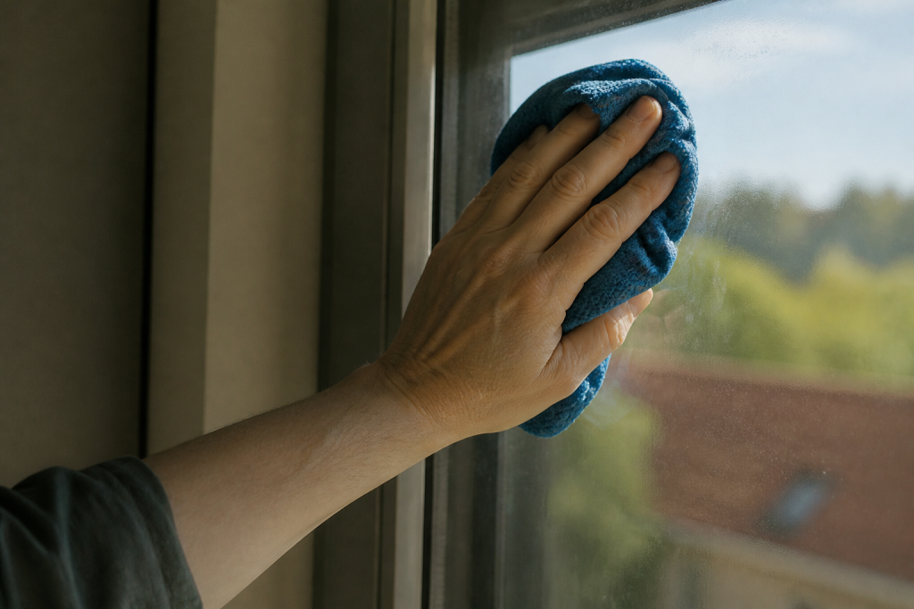 Main essuyant une vitre avec un chiffon bleu
