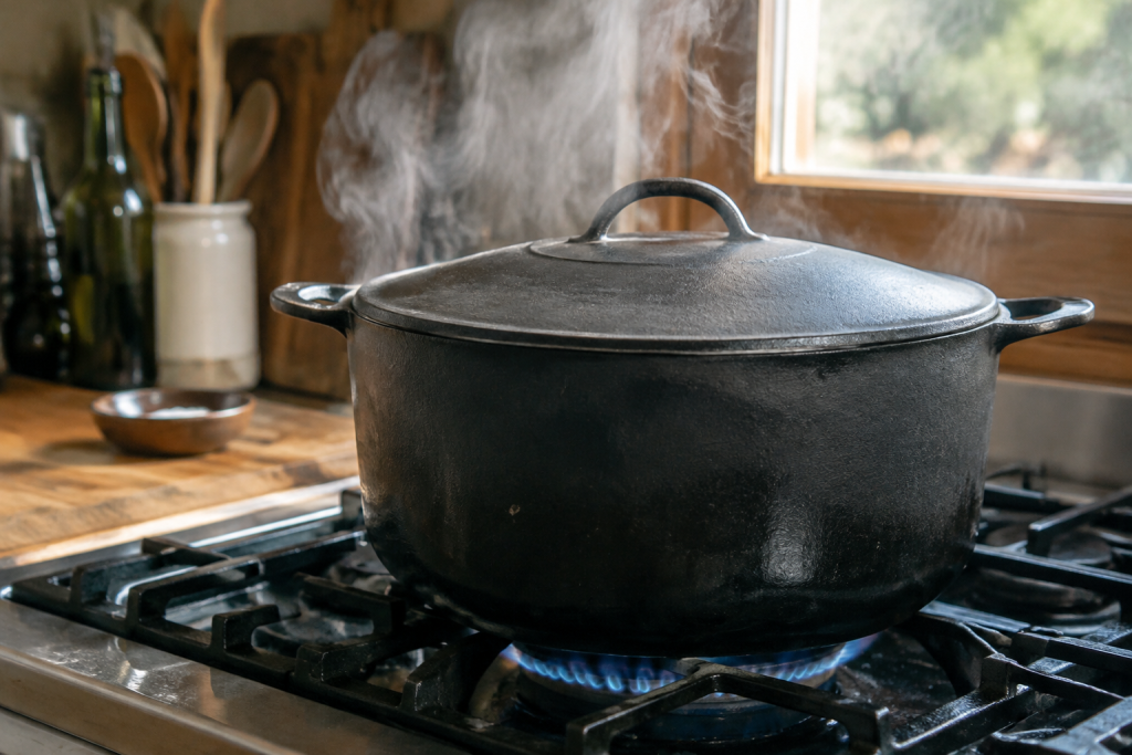 Grande marmite en fonte posee sur une cuisiniere fumante