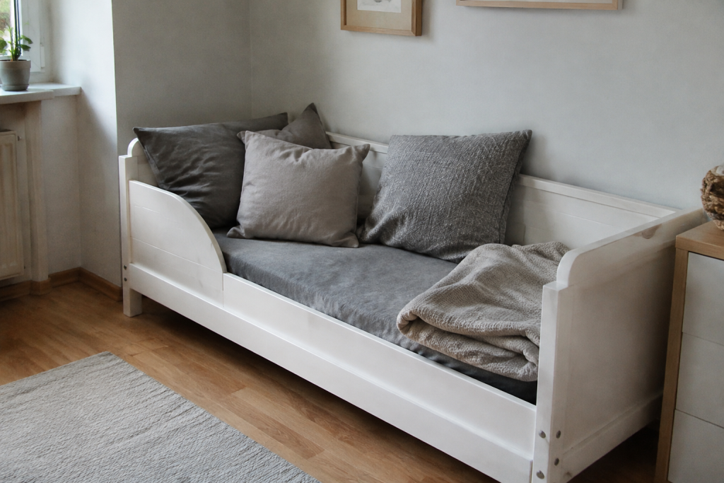 Petit lit blanc contre un mur avec coussins gris