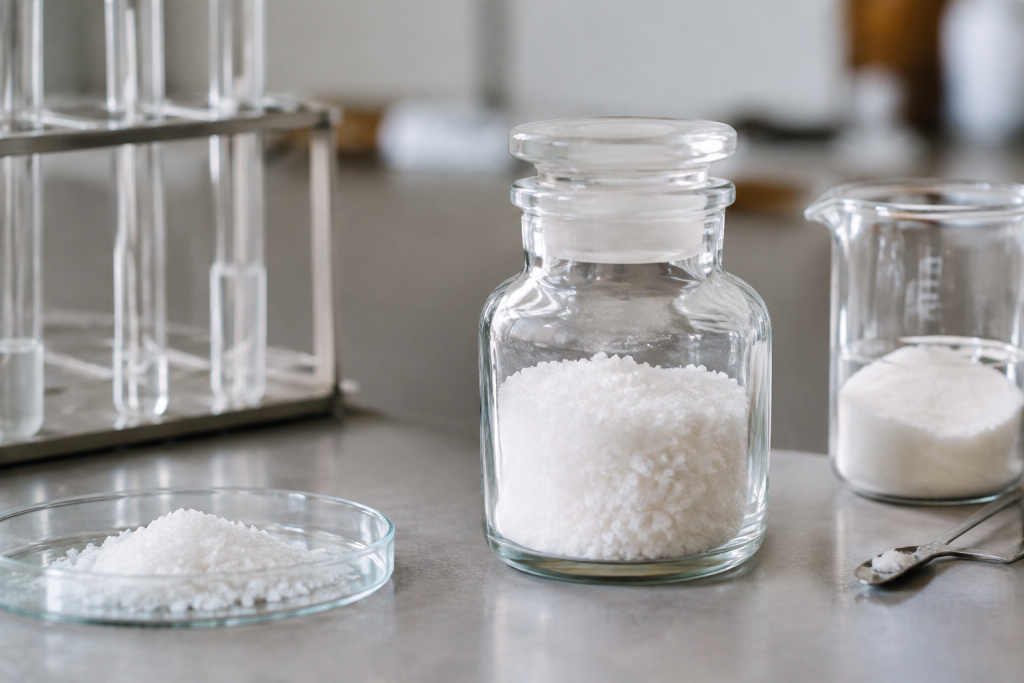 Poudres blanches cristallines conteneurs verre chimie mesure dosage
