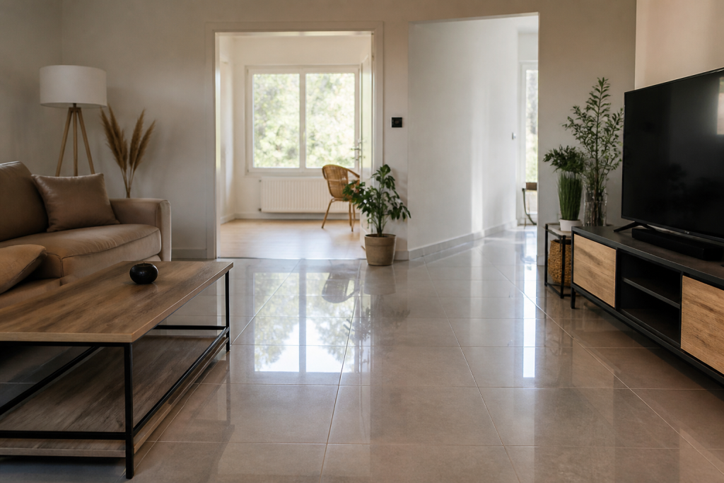 Salon propre avec sol brillant et surfaces claires