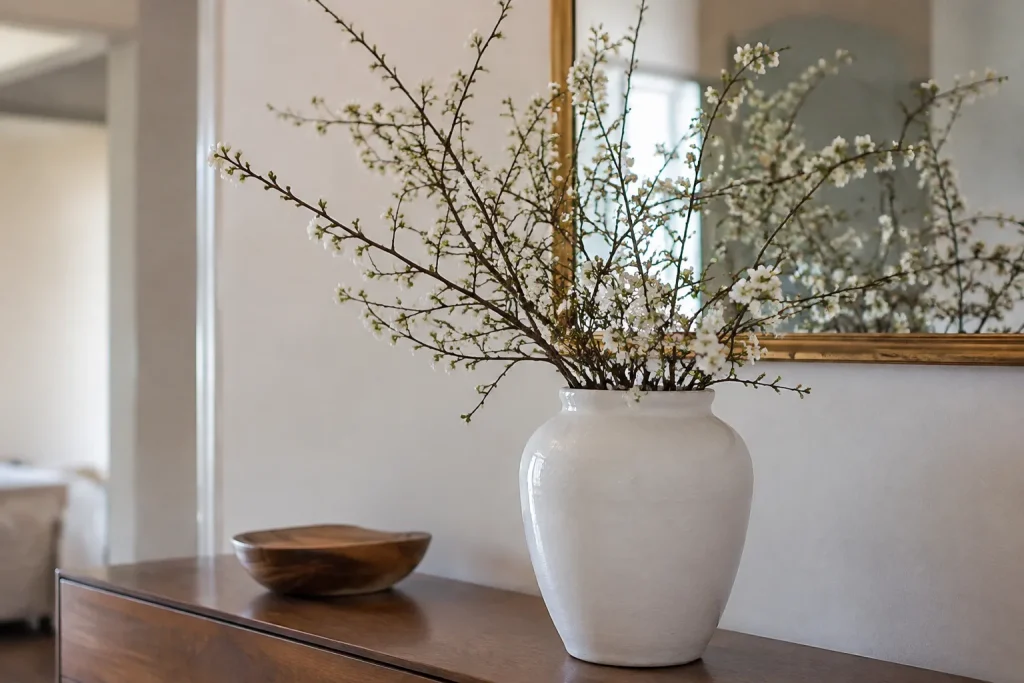 Vase blanc rempli de branches sur console